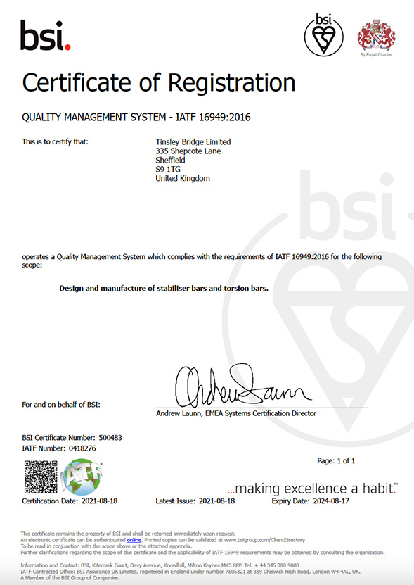IATF 16949:2016 Certificate - Tinsley Bridge Limited