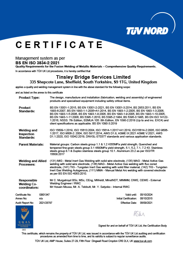 BS EN ISO 3834-2 Certificate