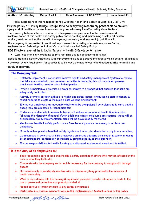 Tinsley Bridge Limited Health and Safety Policy Jan 2022 screenshot
