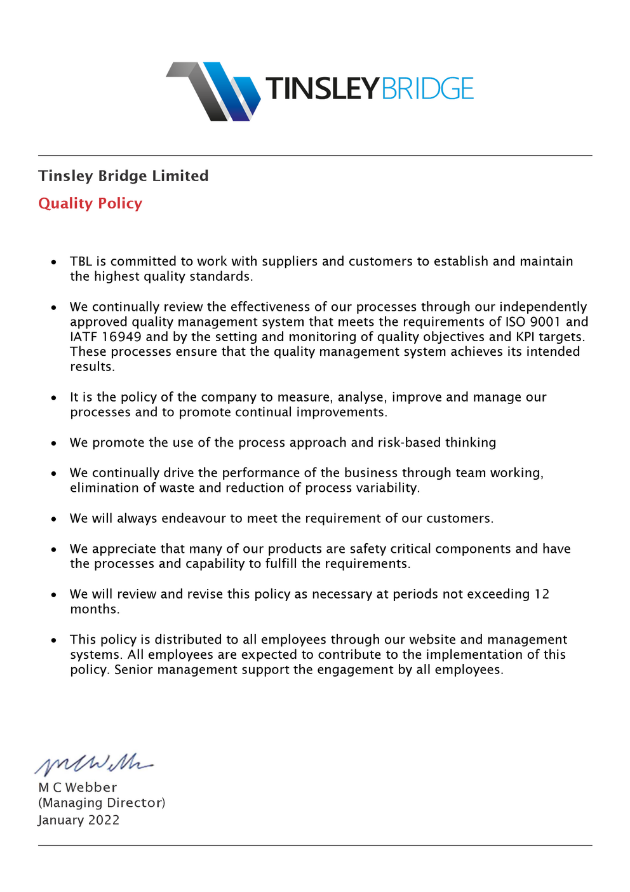 Tinsley Bridge Limited Quality Policy Jan 2022 screenshot