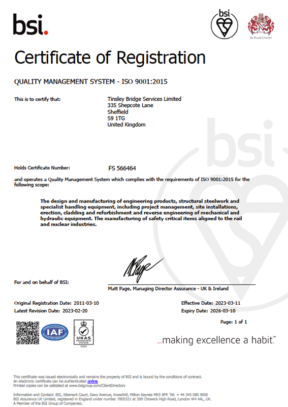 ISO9001 2015 Certificate - Tinsley Bridge Services Limited 2023
